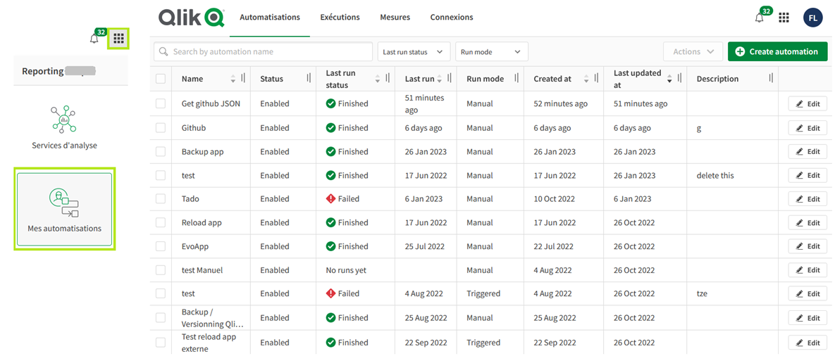 What's new in Qlik: centralized page to monitor automations. - Dashboard - reporting 